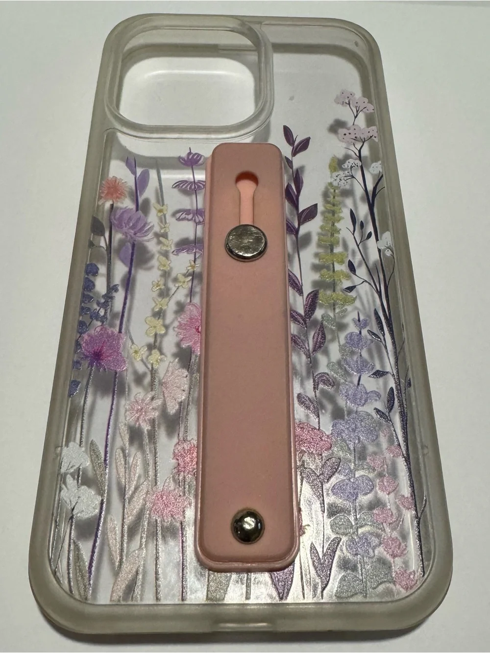 Pink Floral Clear Phone Case with Grip Strap. iPhone 15 Pro Max.